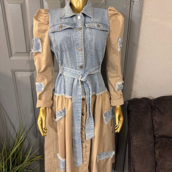 Chic Denim and Tan Long Sleeve Dress - Picture 6 of 8